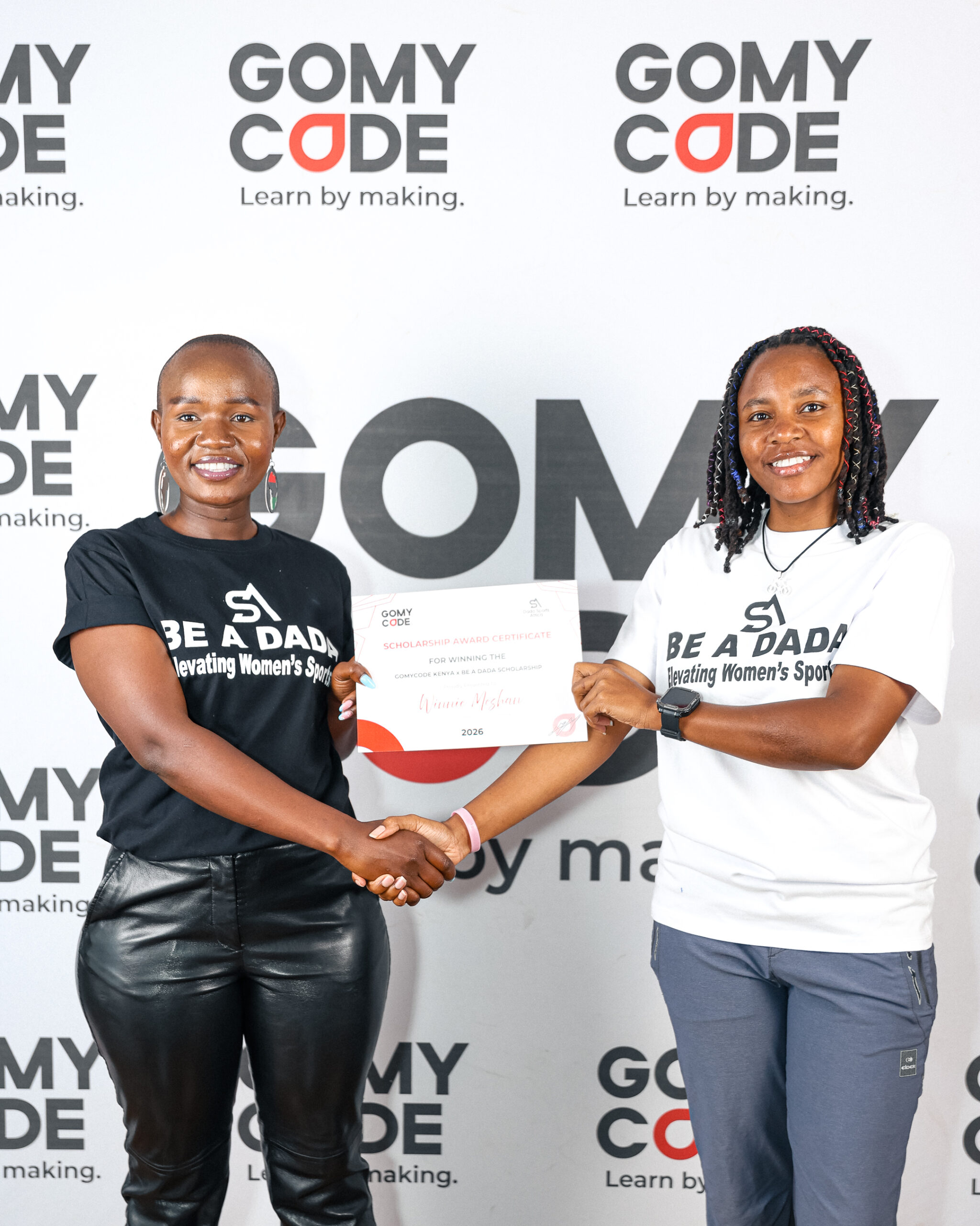 Founder, Dada Sports Africa, Faith Moraa poses with the Be A Dada Tech Scholarship Winner, Winnie Mashan.
